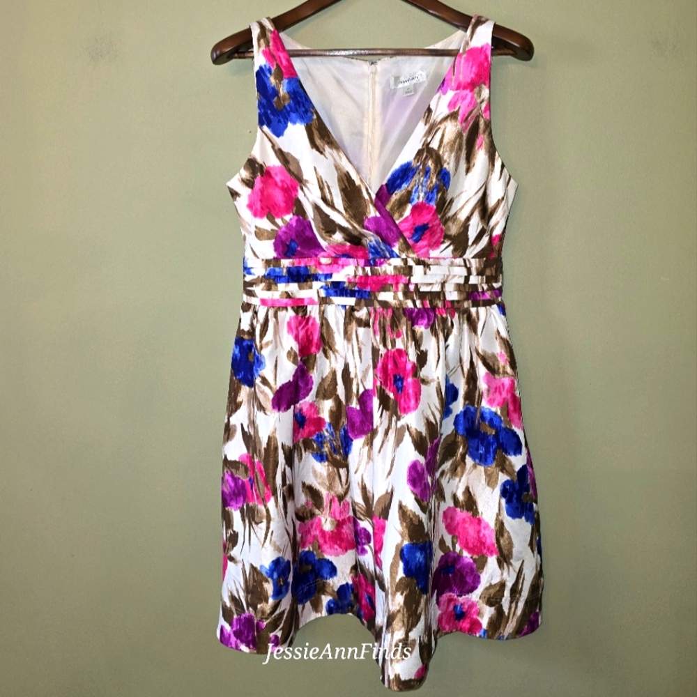 Dress Barn Pink Purple Blue Floral Print Fit & Flare Sleeveless Dress Size 12